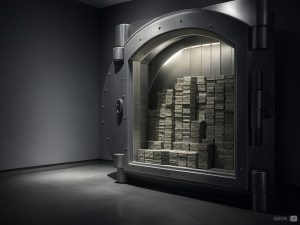 A sophisticated vault with a transparent glass, showcasing stacks of money earned online