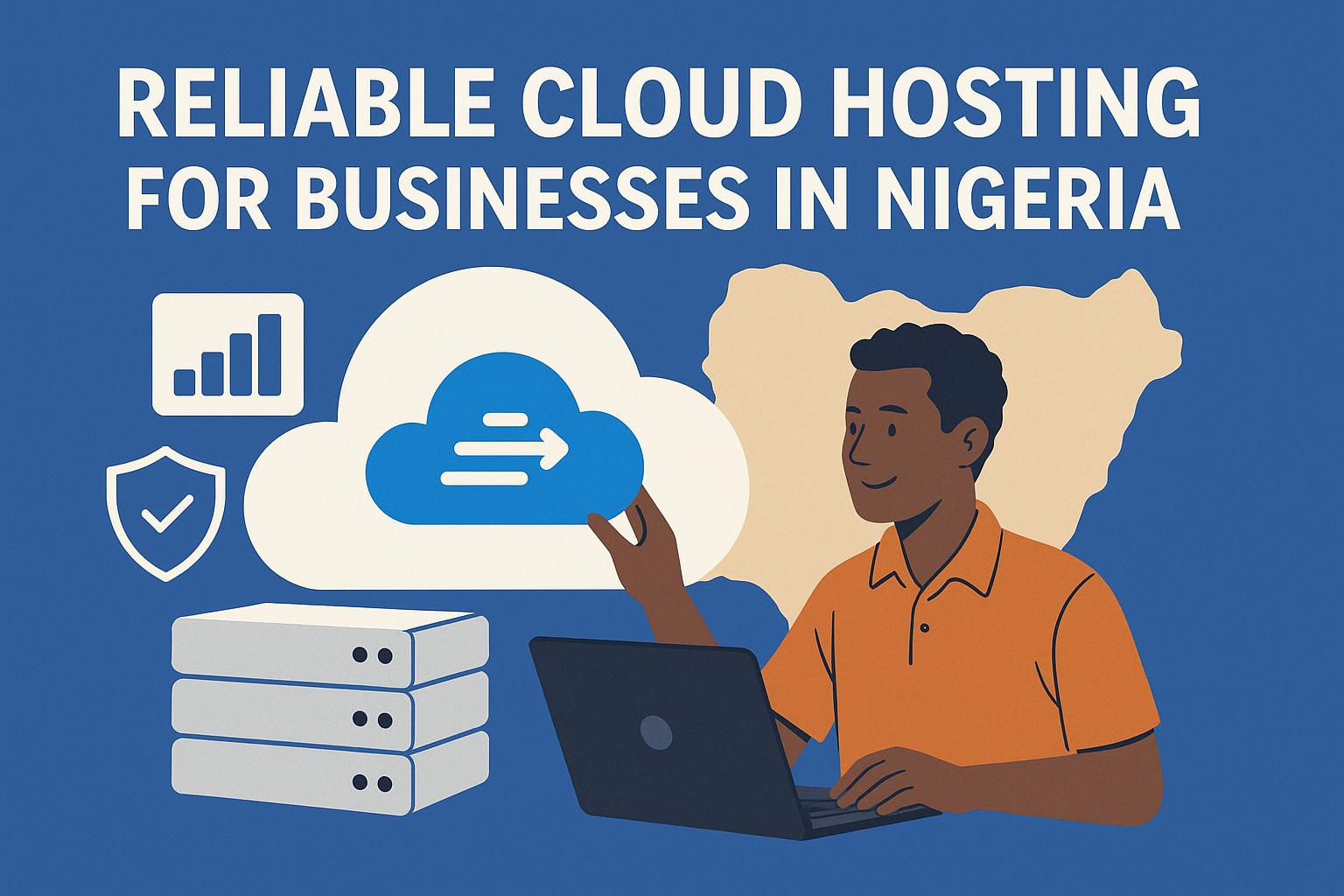 A man seated on a table in front of a laptop, with three servers stacked vertically beside him representing Reliable Cloud Hosting In Nigeria